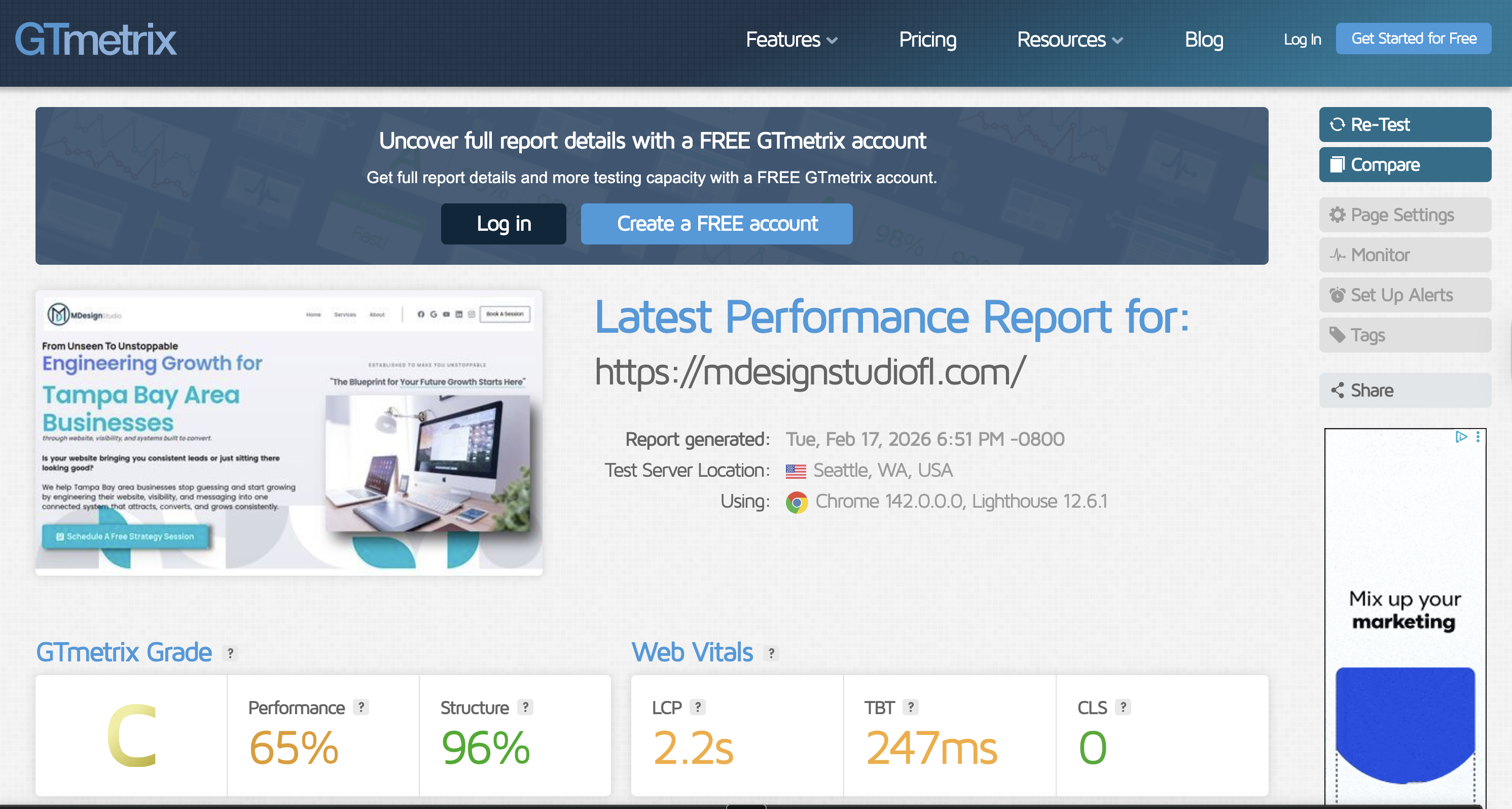 MDesign Studio old website GTmetrix report: C grade, 65 percent performance, 96 percent structure