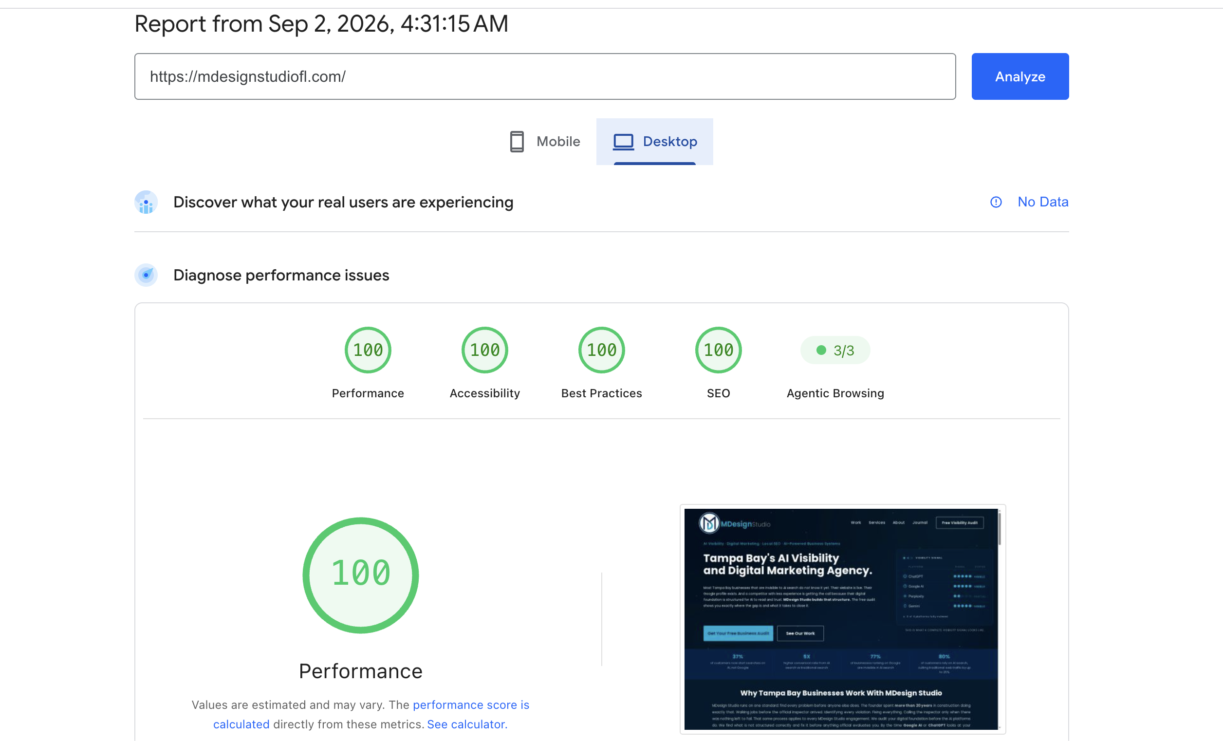 MDesign Studio homepage PageSpeed Insights score: 100 performance, 100 accessibility, 100 best practices, 100 SEO, 3/3 agentic browsing