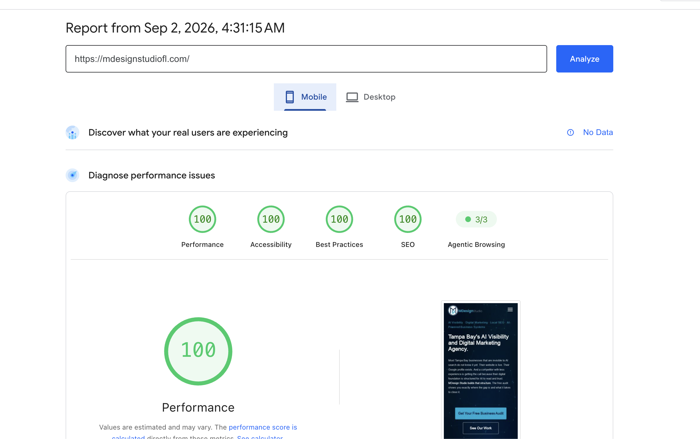 MDesign Studio homepage PageSpeed Insights score: 100 performance, 100 accessibility, 100 best practices, 100 SEO, 3/3 agentic browsing